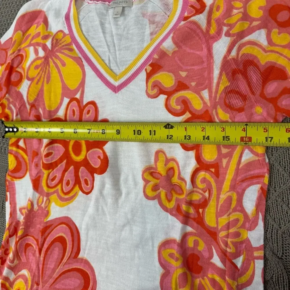 Talbots Floral V-Neck Sweater - Pink and Yellow Mod ~ Small